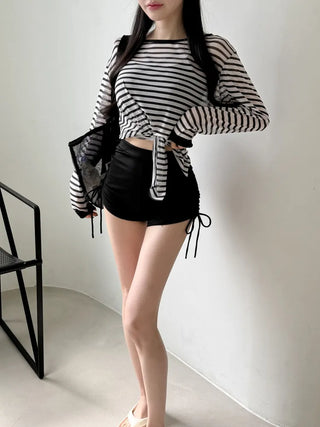 Slit Cover-up Anti-fat Striped Body Cover Black Bikini Swimsuit