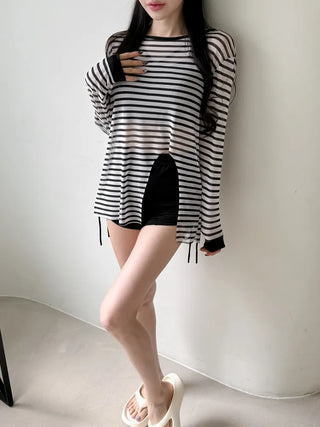 Slit Cover-up Anti-fat Striped Body Cover Black Bikini Swimsuit