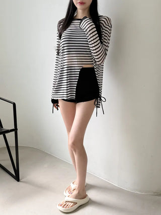 Slit Cover-up Anti-fat Striped Body Cover Black Bikini Swimsuit
