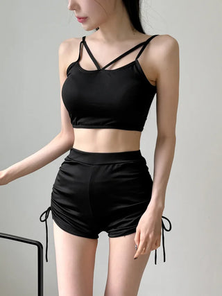 Slit Cover-up Anti-fat Striped Body Cover Black Bikini Swimsuit