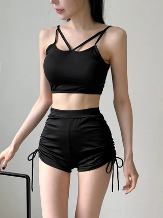 Slit Cover-up Anti-fat Striped Body Cover Black Bikini Swimsuit