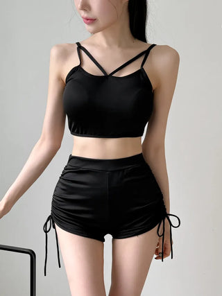 Slit Cover-up Anti-fat Striped Body Cover Black Bikini Swimsuit