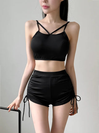 Slit Cover-up Anti-fat Striped Body Cover Black Bikini Swimsuit
