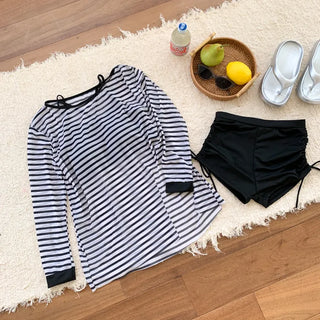 Slit Cover-up Anti-fat Striped Body Cover Black Bikini Swimsuit