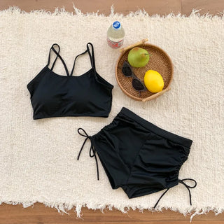 Slit Cover-up Anti-fat Striped Body Cover Black Bikini Swimsuit