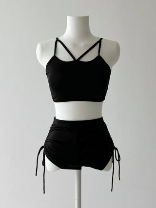 Slit Cover-up Anti-fat Striped Body Cover Black Bikini Swimsuit