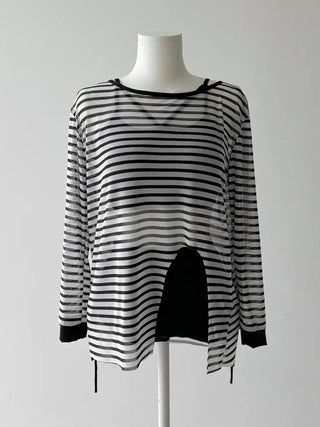 Slit Cover-up Anti-fat Striped Body Cover Black Bikini Swimsuit