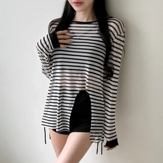 Slit Cover-up Anti-fat Striped Body Cover Black Bikini Swimsuit