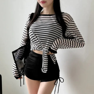 Slit Cover-up Anti-fat Striped Body Cover Black Bikini Swimsuit