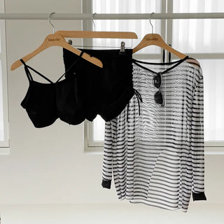 Slit Cover-up Anti-fat Striped Body Cover Black Bikini Swimsuit