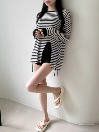 Slit Cover-up Anti-fat Striped Body Cover Black Bikini Swimsuit