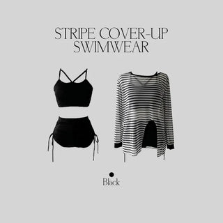 Slit Cover-up Anti-fat Striped Body Cover Black Bikini Swimsuit