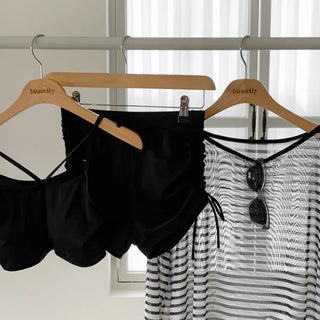 Slit Cover-up Anti-fat Striped Body Cover Black Bikini Swimsuit