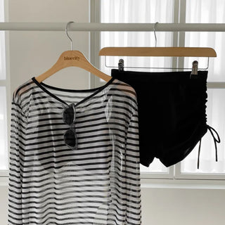 Slit Cover-up Anti-fat Striped Body Cover Black Bikini Swimsuit