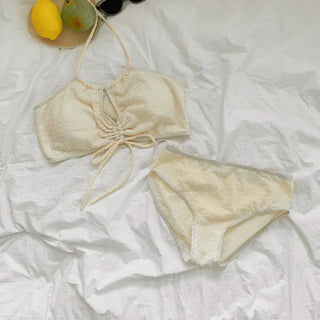 Shirred Halter Neck Wrinkle Skirt Bikini Swimsuit