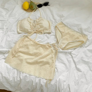 Shirred Halter Neck Wrinkle Skirt Bikini Swimsuit