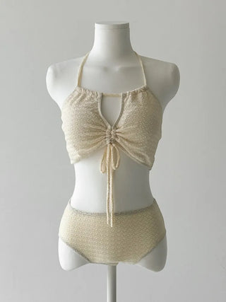 Shirred Halter Neck Wrinkle Skirt Bikini Swimsuit