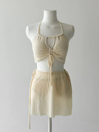 Shirred Halter Neck Wrinkle Skirt Bikini Swimsuit