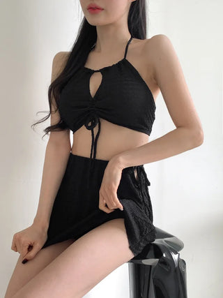 Shirred Halter Neck Wrinkle Skirt Bikini Swimsuit