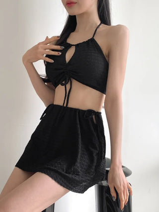 Shirred Halter Neck Wrinkle Skirt Bikini Swimsuit