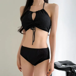 Shirred Halter Neck Wrinkle Skirt Bikini Swimsuit