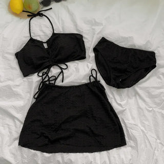 Shirred Halter Neck Wrinkle Skirt Bikini Swimsuit