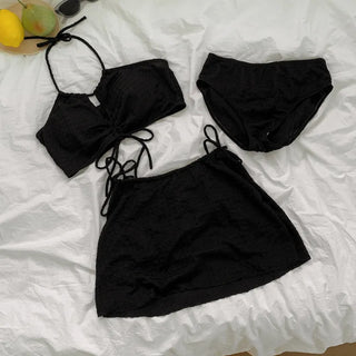 Shirred Halter Neck Wrinkle Skirt Bikini Swimsuit