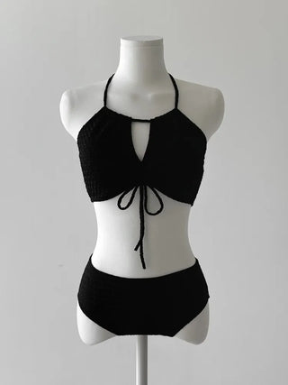 Shirred Halter Neck Wrinkle Skirt Bikini Swimsuit