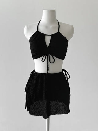 Shirred Halter Neck Wrinkle Skirt Bikini Swimsuit