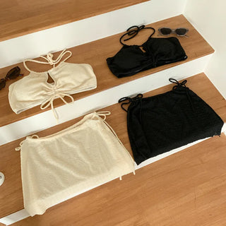 Shirred Halter Neck Wrinkle Skirt Bikini Swimsuit