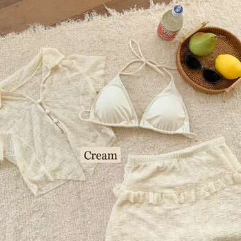 Wavy Button Cardigan Set Bikini Swimwear