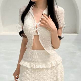 Wavy Button Cardigan Set Bikini Swimwear