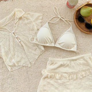Wavy Button Cardigan Set Bikini Swimwear