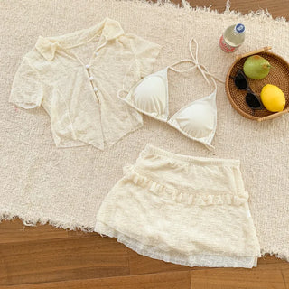 Wavy Button Cardigan Set Bikini Swimwear