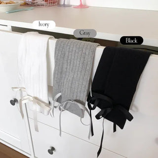 Side Ribbon Satin Cotton Ribbed Long Socks Mid-Length Socks