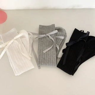 Side Ribbon Satin Cotton Ribbed Long Socks Mid-Length Socks