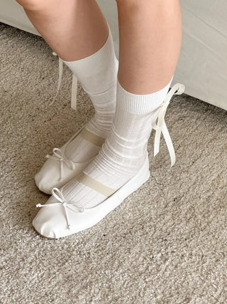 Side Ribbon Satin Cotton Ribbed Long Socks Mid-Length Socks