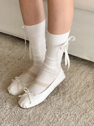 Side Ribbon Satin Cotton Ribbed Long Socks Mid-Length Socks
