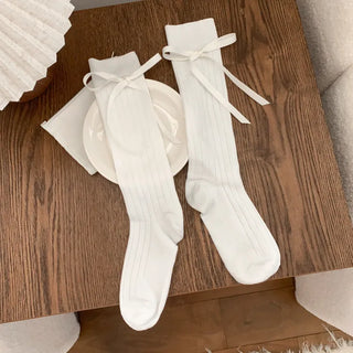 Side Ribbon Satin Cotton Ribbed Long Socks Mid-Length Socks