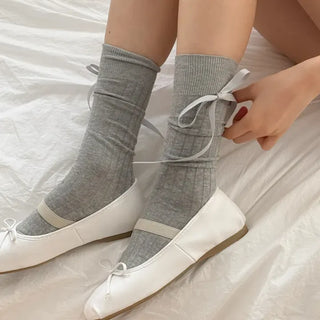 Side Ribbon Satin Cotton Ribbed Long Socks Mid-Length Socks
