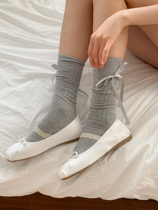 Side Ribbon Satin Cotton Ribbed Long Socks Mid-Length Socks