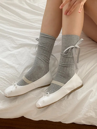Side Ribbon Satin Cotton Ribbed Long Socks Mid-Length Socks