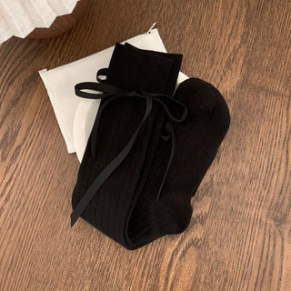 Side Ribbon Satin Cotton Ribbed Long Socks Mid-Length Socks