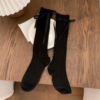 Side Ribbon Satin Cotton Ribbed Long Socks Mid-Length Socks