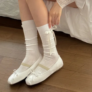 Side Ribbon Satin Cotton Ribbed Long Socks Mid-Length Socks