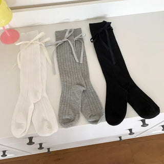 Side Ribbon Satin Cotton Ribbed Long Socks Mid-Length Socks