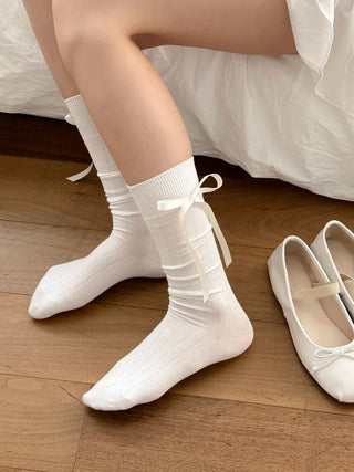 Side Ribbon Satin Cotton Ribbed Long Socks Mid-Length Socks