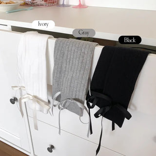 Side Ribbon Satin Cotton Ribbed Long Socks Mid-Length Socks