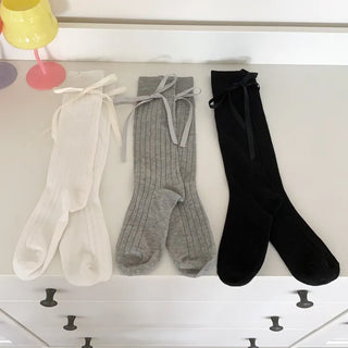 Side Ribbon Satin Cotton Ribbed Long Socks Mid-Length Socks
