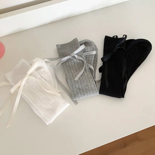 Side Ribbon Satin Cotton Ribbed Long Socks Mid-Length Socks